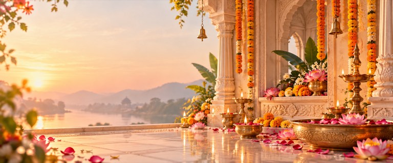 Brass diya and marigold flowers in a temple setting