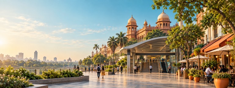 An inviting city street near an Indian metro station